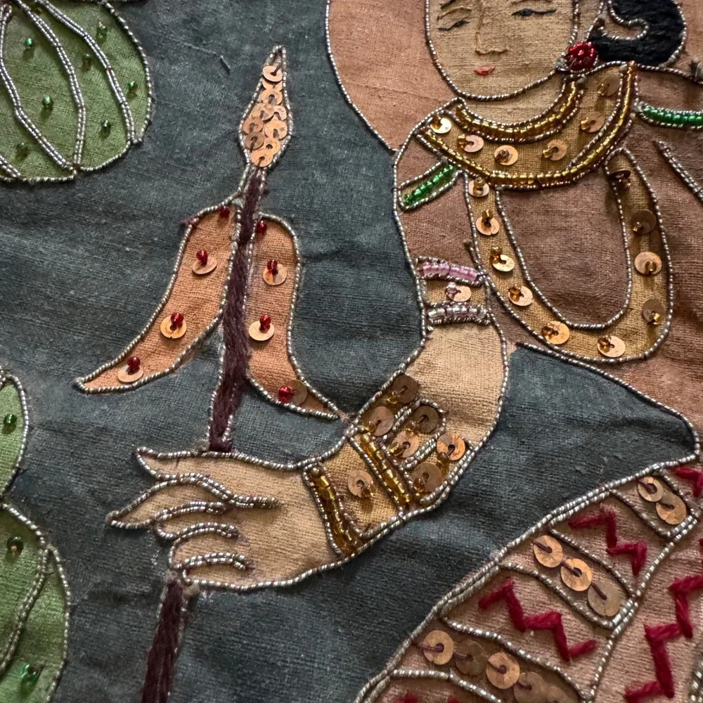 Vintage Burmese Kalaga Tapestry Large Gold Embroidered Elephant Wall Hanging Art